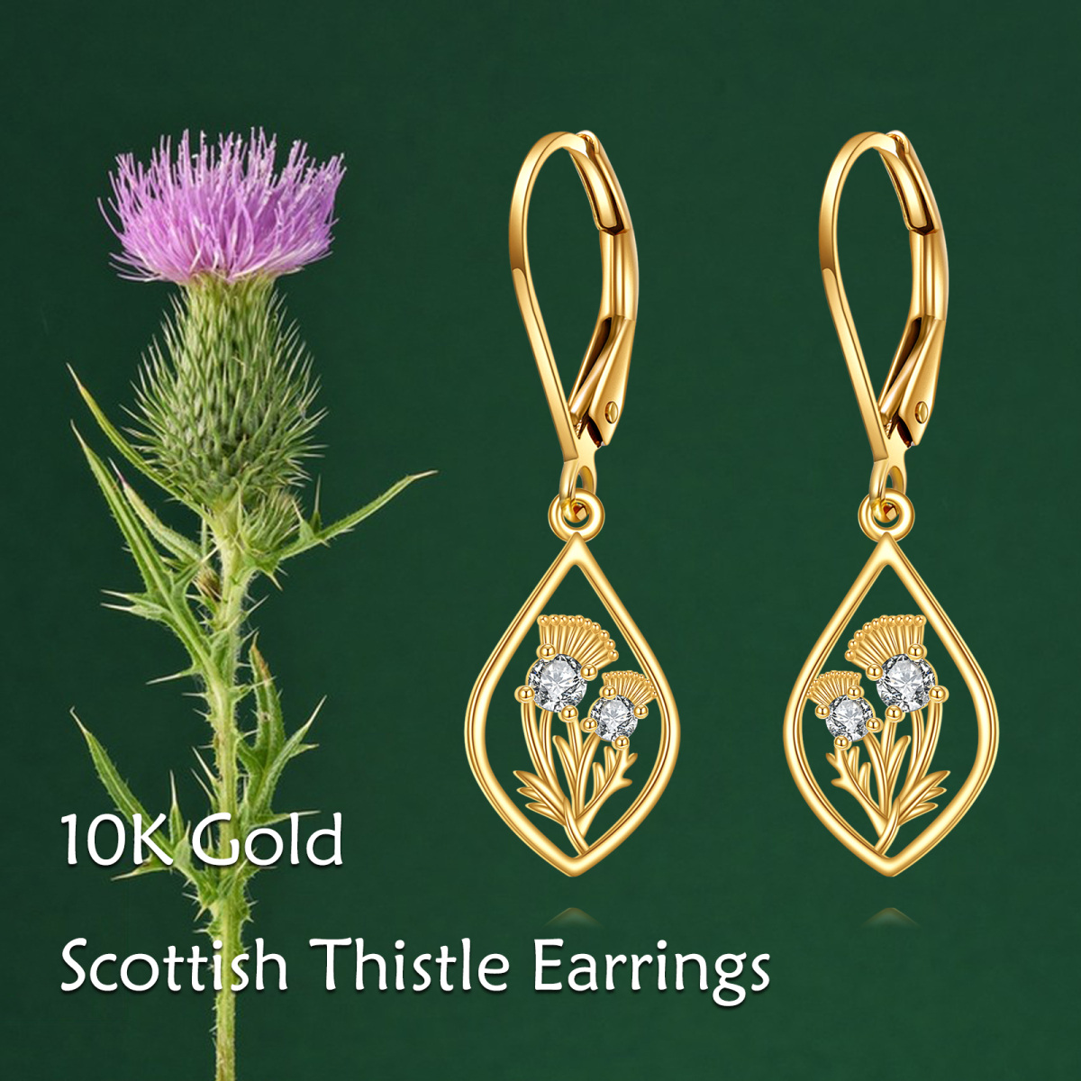 14K Gold Circular Shaped Cubic Zirconia Thistle Lever-back Earrings-6