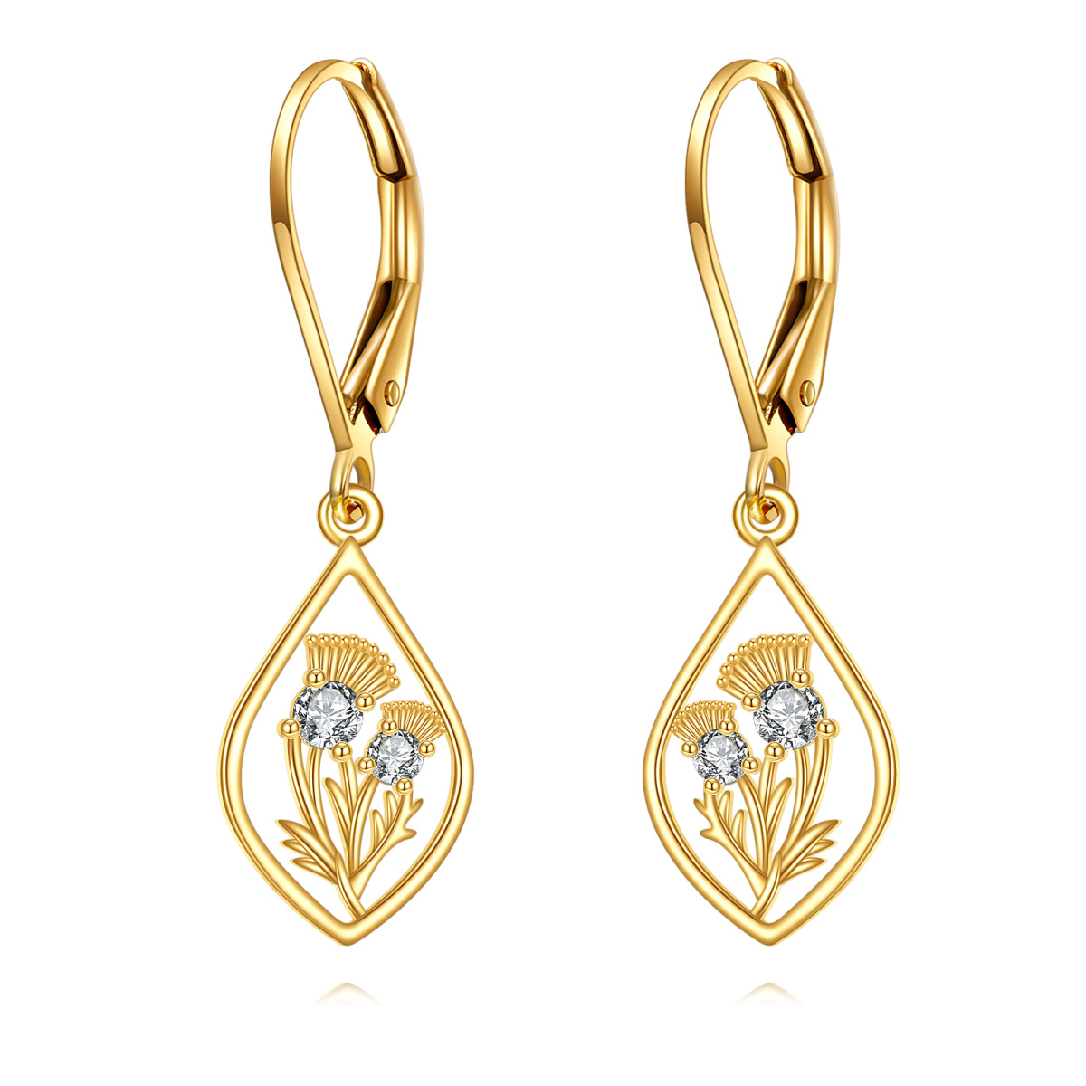 14K Gold Circular Shaped Cubic Zirconia Thistle Lever-back Earrings-1