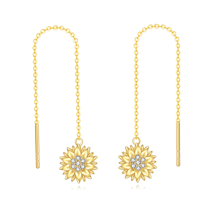 14K Gold Circular Shaped Cubic Zirconia Sunflower Drop Earrings