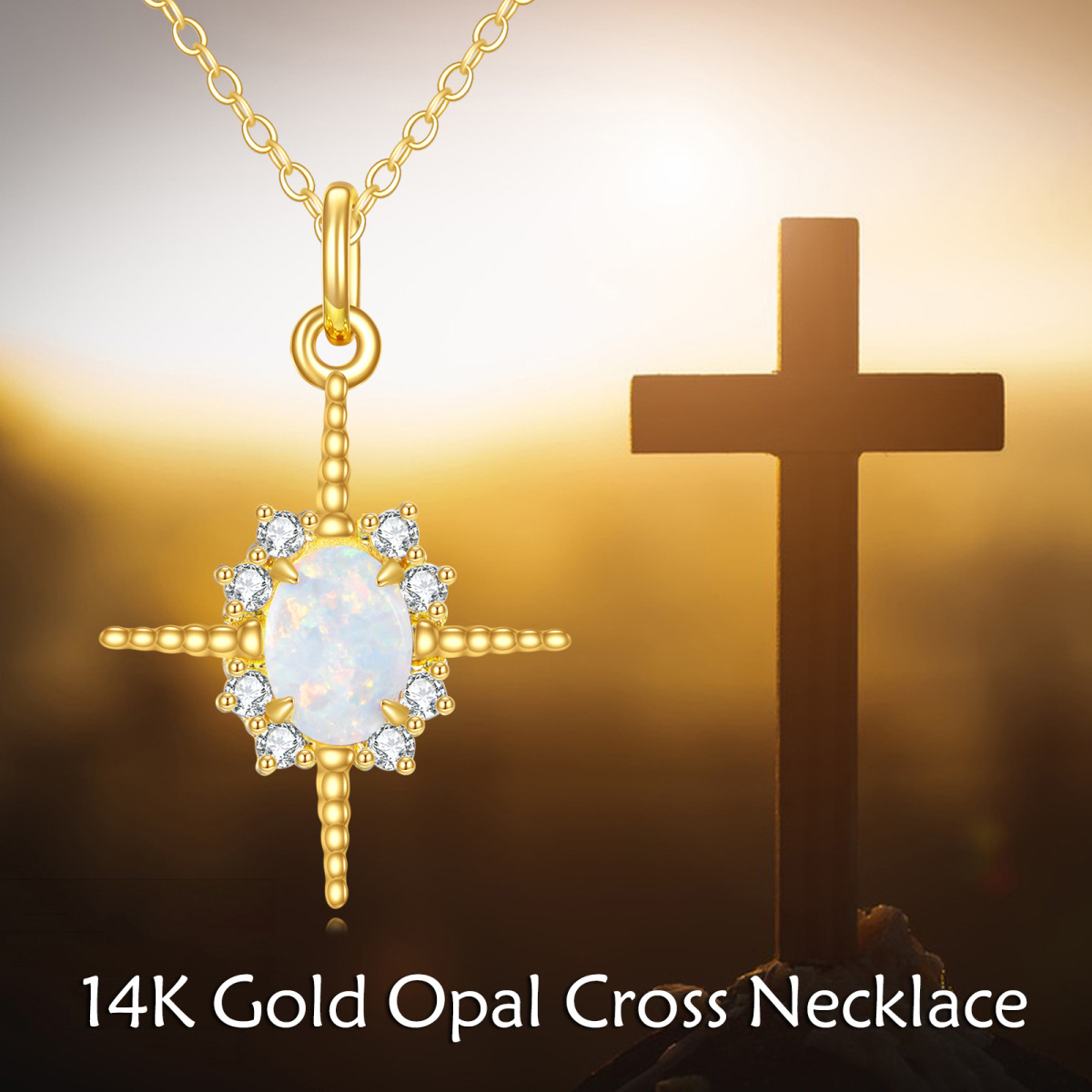 14K Gold Oval geformt Opal Kreuz Anhänger Halskette-6