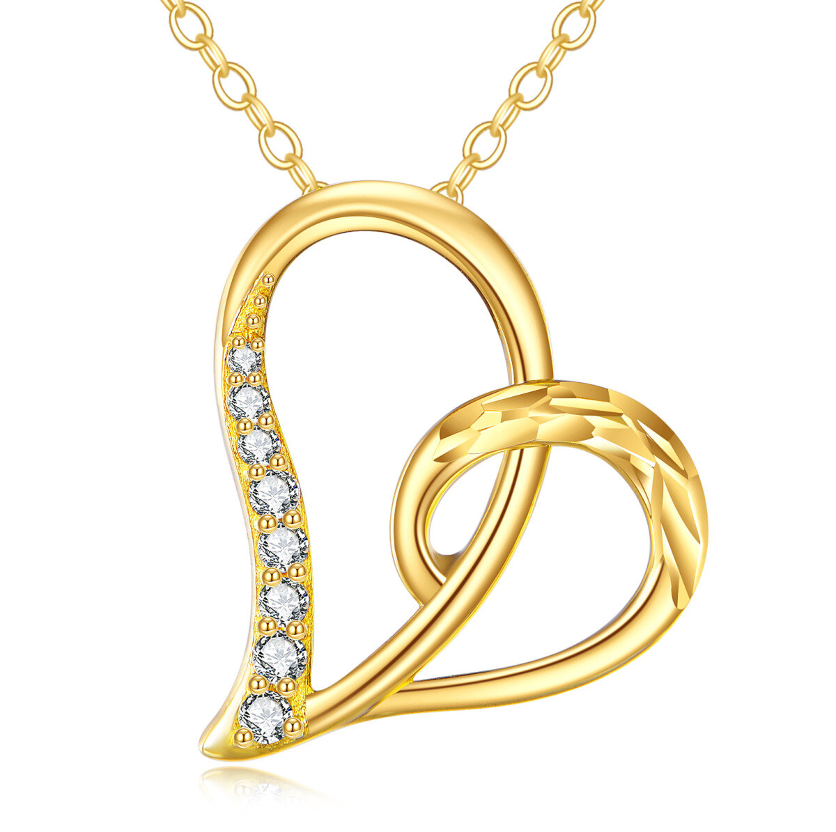 14K Gold Halskette mit kreisförmigem Herzanhänger und Zirkonia-1