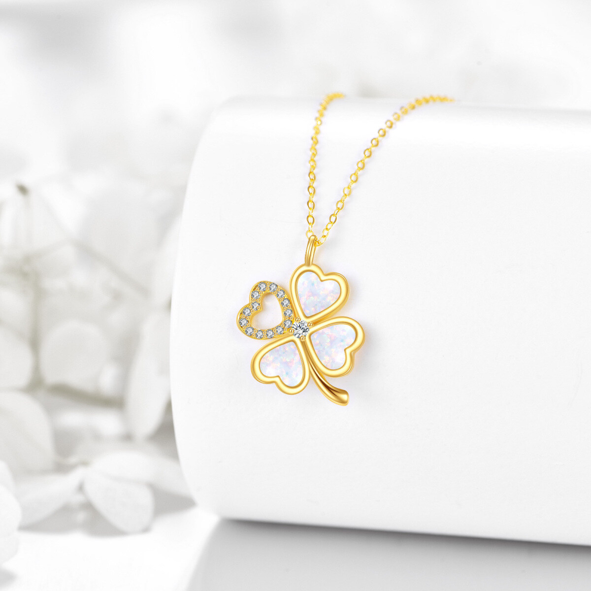 14K Gold Circular Shaped & Heart Shaped Cubic Zirconia & Opal Four Leaf Clover Pendant Necklace-4