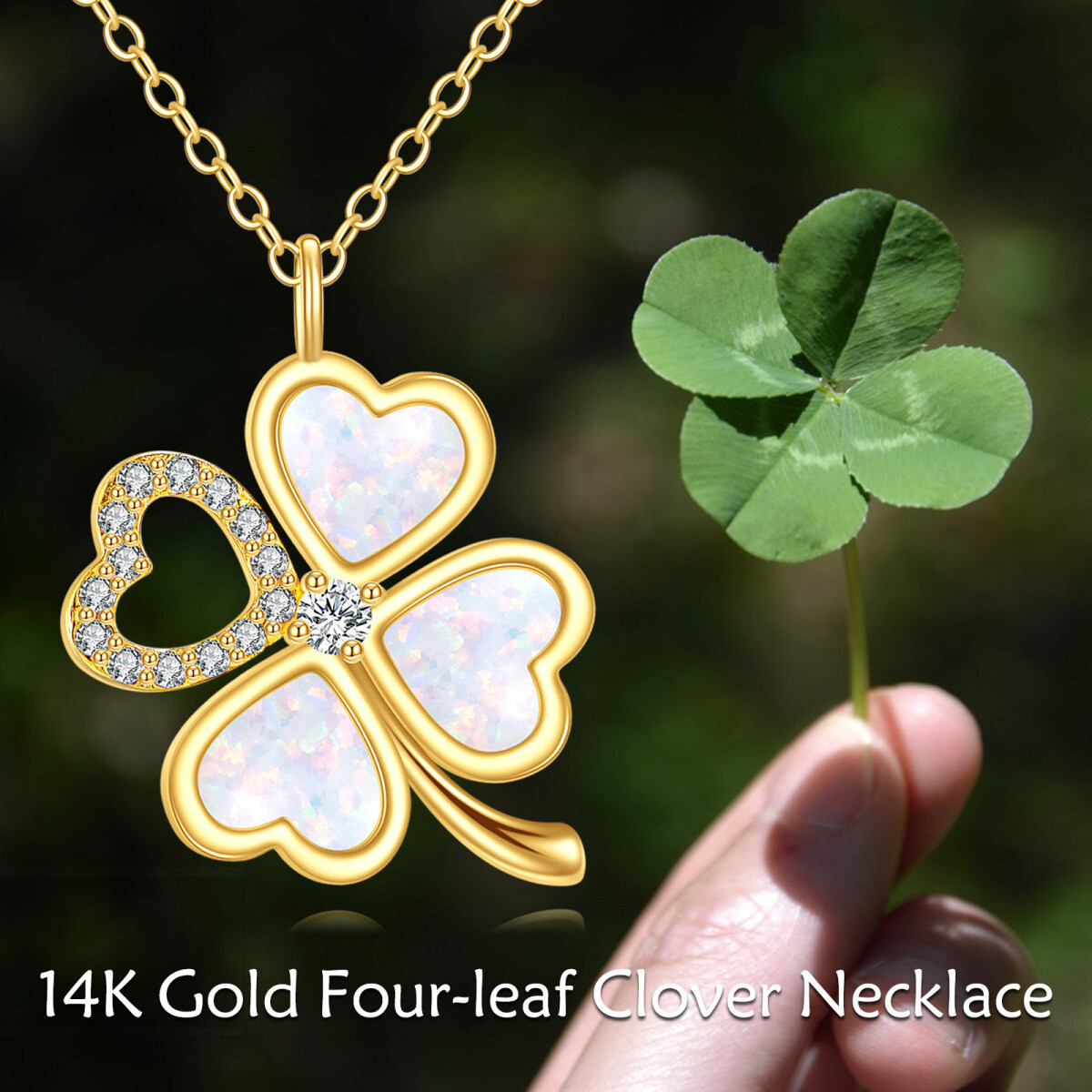 14K Gold Circular Shaped & Heart Shaped Cubic Zirconia & Opal Four Leaf Clover Pendant Necklace-6