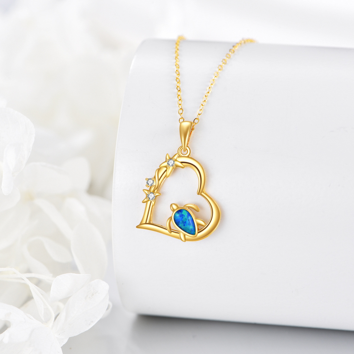 14K Gold Pear Shaped Cubic Zirconia & Opal Sea Turtle & Heart Pendant Necklace-4