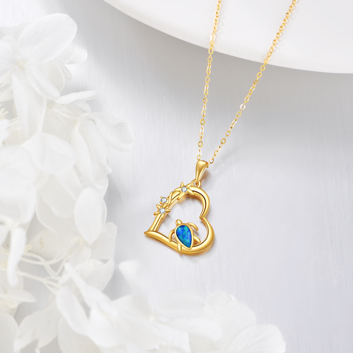 14K Gold Pear Shaped Cubic Zirconia & Opal Sea Turtle & Heart Pendant Necklace-3