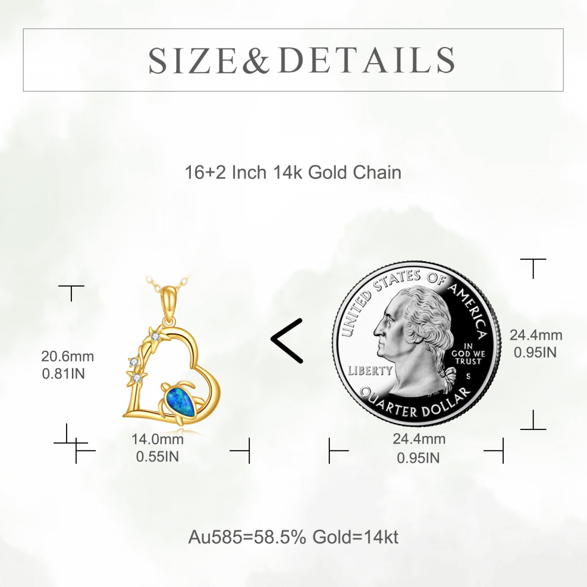 14K Gold Pear Shaped Cubic Zirconia & Opal Sea Turtle & Heart Pendant Necklace-5