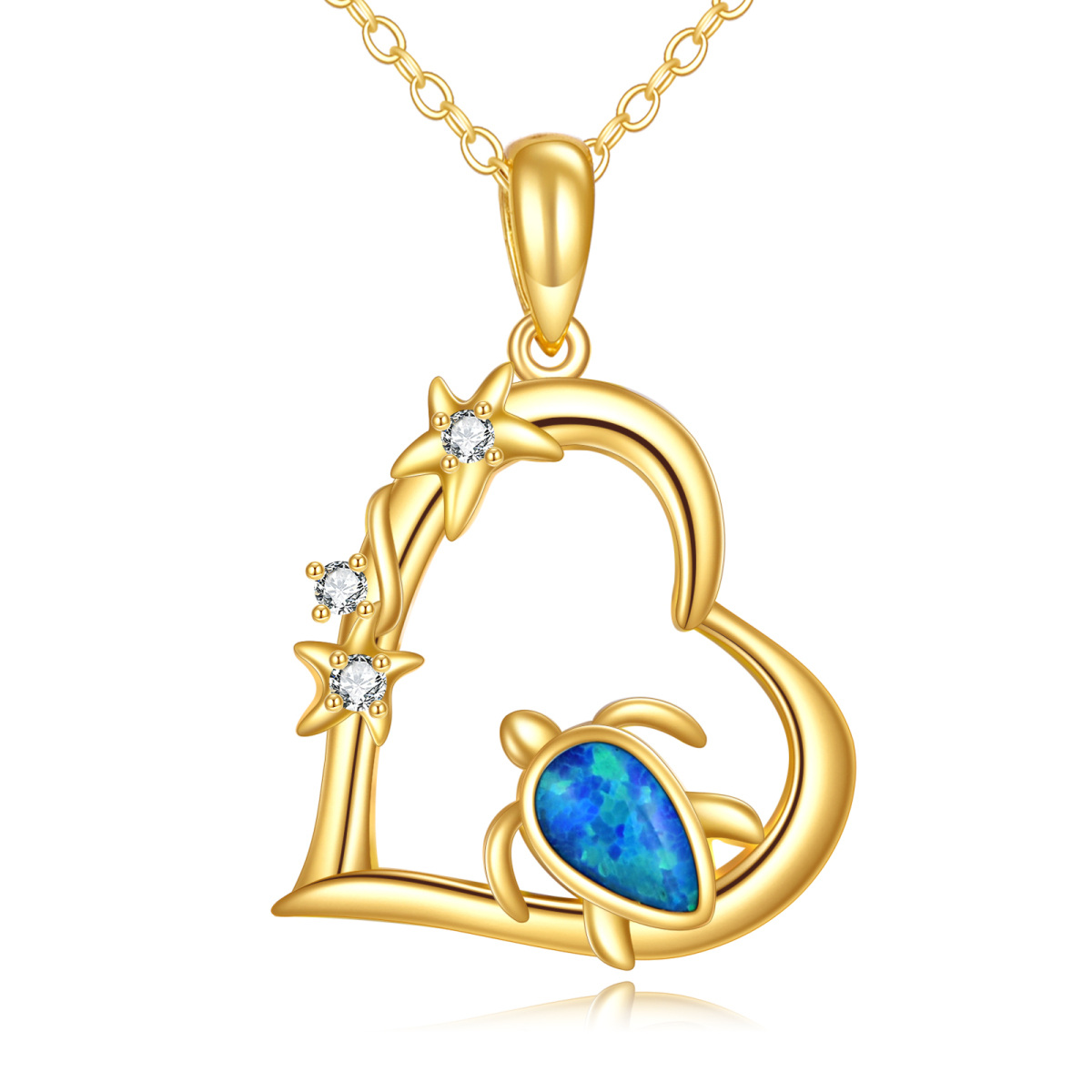 Collier avec pendentif en forme de cœur et de tortue de mer en or 14 carats avec opale de zircone cubique en forme de poire-1