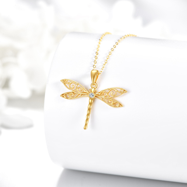 14K Gold Circular Shaped Cubic Zirconia Dragonfly Pendant Necklace-3