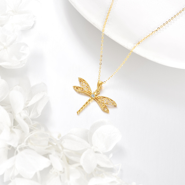 14K Gold Circular Shaped Cubic Zirconia Dragonfly Pendant Necklace-2