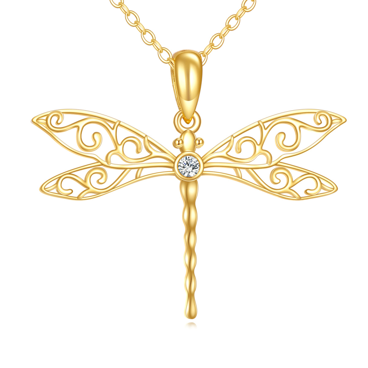 14K Gold Circular Shaped Cubic Zirconia Dragonfly Pendant Necklace-1