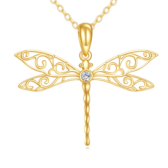 14K Gold Halskette mit Libellen-Anhänger und kreisförmigem Zirkonia