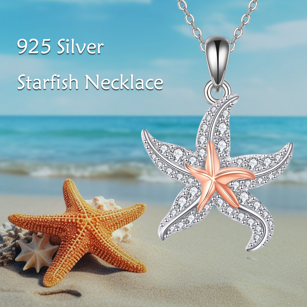 Sterling Silver Circular Shaped Cubic Zirconia Starfish Pendant Necklace-6