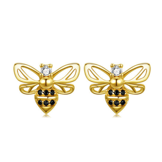 14K Gold Circular Cubic Zirconia Bee Stud Earrings