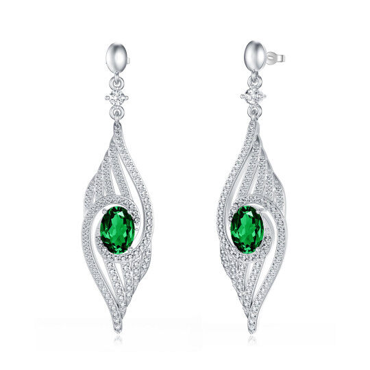Sterling Silver Oval Lab Grown Emerald Feather Drop Earrings