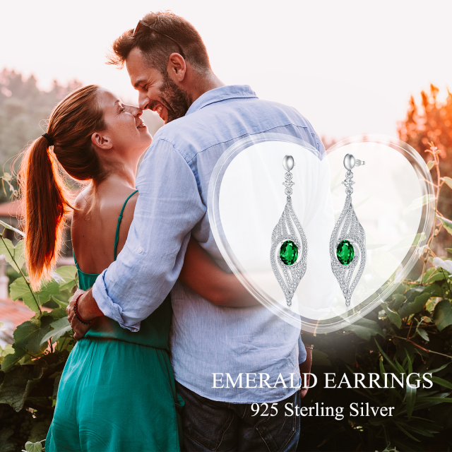 Sterling Silver Oval Lab Grown Emerald Feather Drop Earrings-6