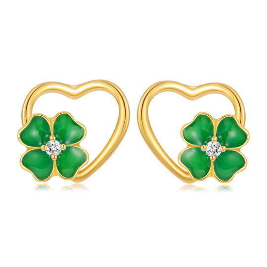 14K Gold Circular Shaped Moissanite Four Leaf Clover Heart Stud Earrings
