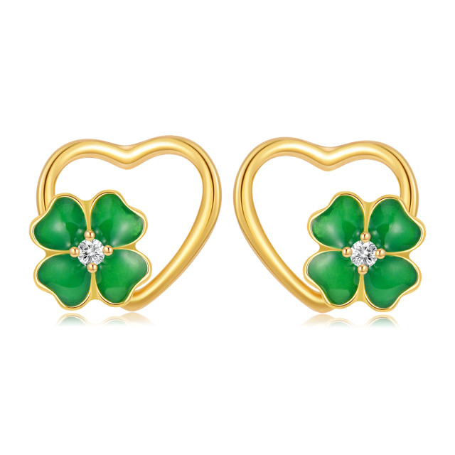 Brincos em ouro de 14 quilates em forma circular Moissanite Four Leaf Clover Heart Stud Br-1