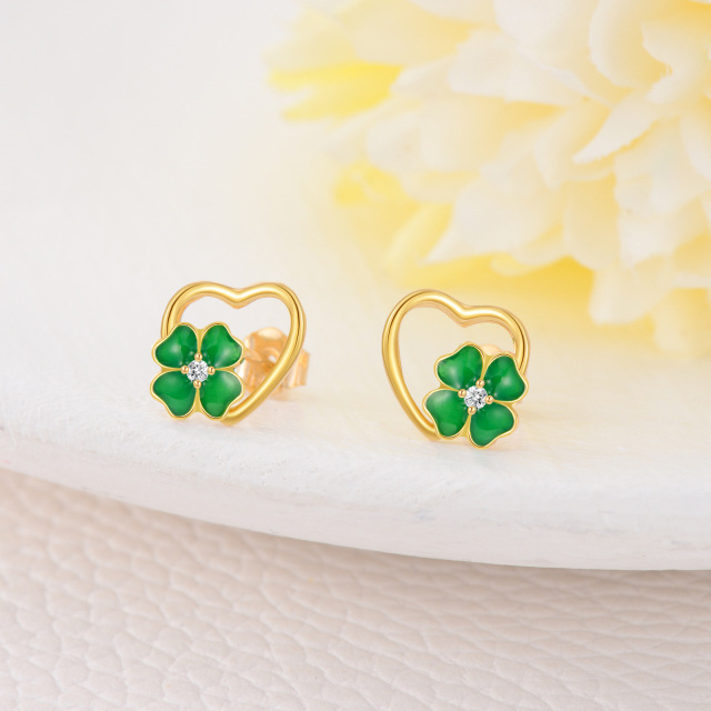 Brincos em ouro de 14 quilates em forma circular Moissanite Four Leaf Clover Heart Stud Br-3