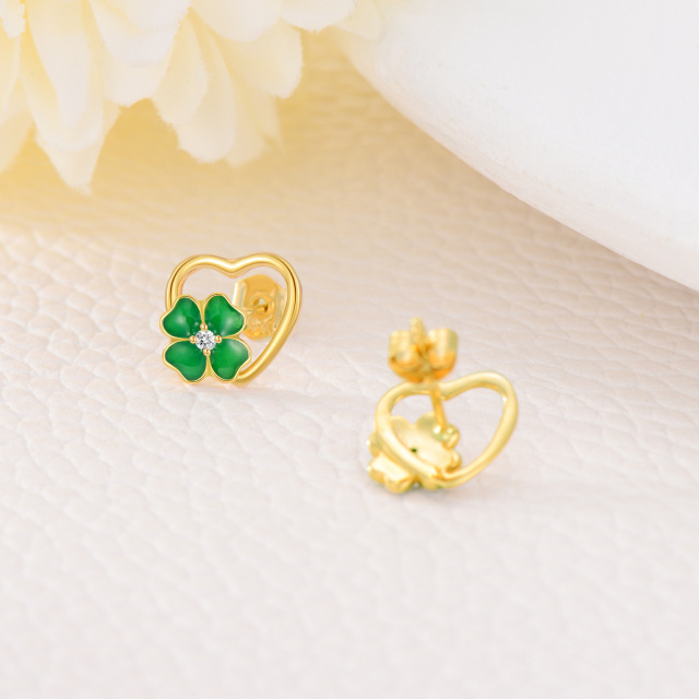 14K Gold Circular Shaped Moissanite Four Leaf Clover Heart Stud Earrings-4