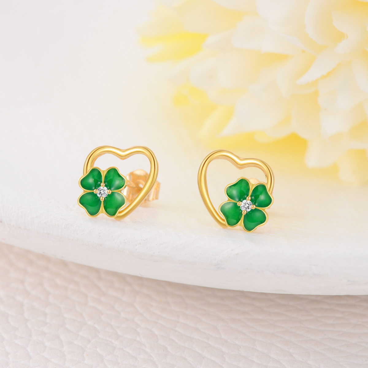 14K Gold Circular Shaped Moissanite Four Leaf Clover Heart Stud Earrings-3