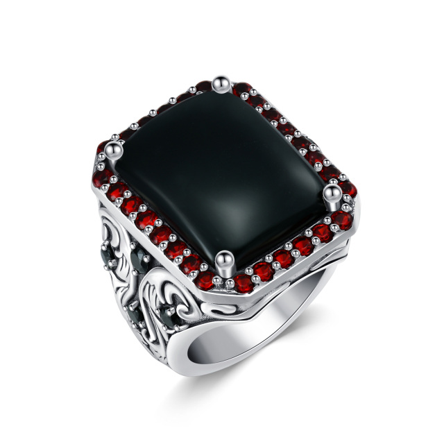 Sterling Silver Black Agate Square Signet Ring for Men-3