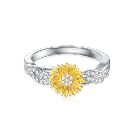 Srebrny, okrągły, laboratoryjny pierścionek z diamentowym słonecznikiem