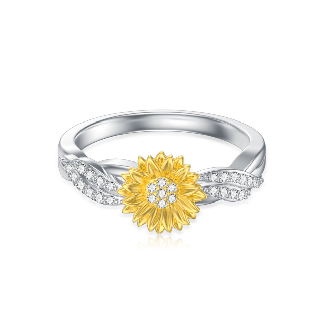 Bague tournesol en argent sterling de forme circulaire créée en laboratoire et diamants-1