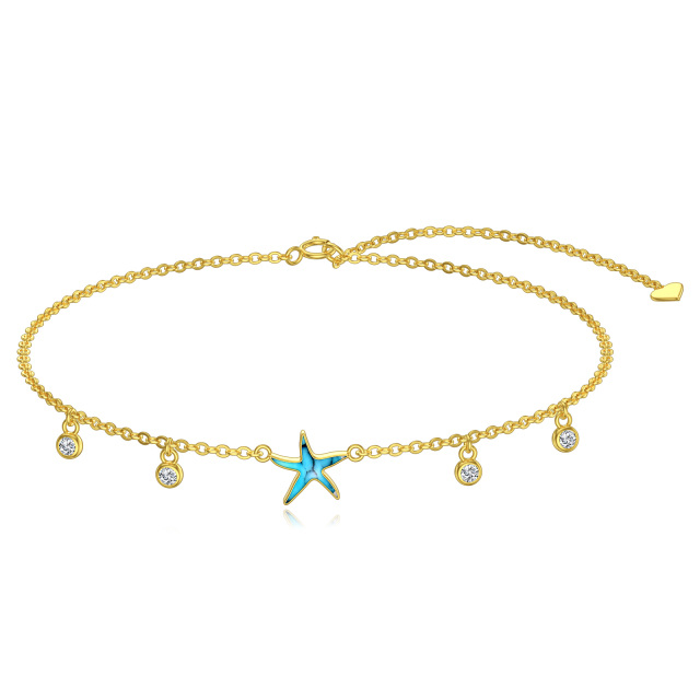 Natural Turquoise Anklet for Women 14K Solid Gold Star Anklet Bracelet with Dangle Zircon-0
