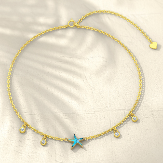 Natural Turquoise Anklet for Women 14K Solid Gold Star Anklet Bracelet with Dangle Zircon-3