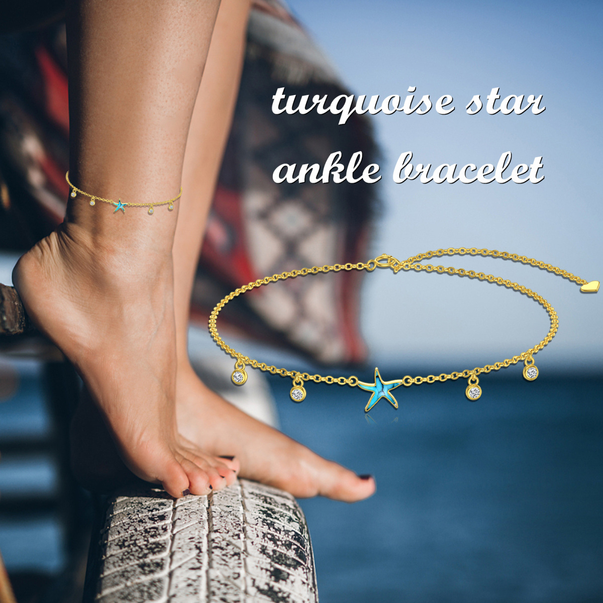 Bracelet de cheville monocouche étoile de mer turquoise en or 14 carats-6