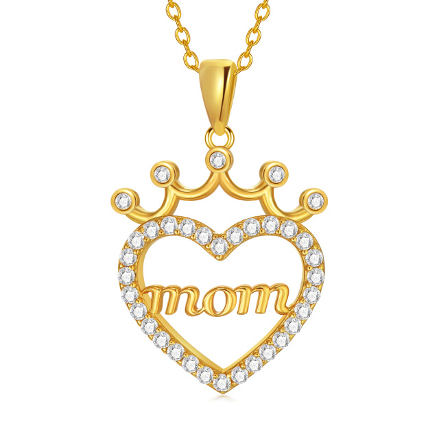 Sterling Silver with Yellow Gold Plated Circular Shaped Cubic Zirconia Crown & Heart Pendant Necklace with Engraved Word-0