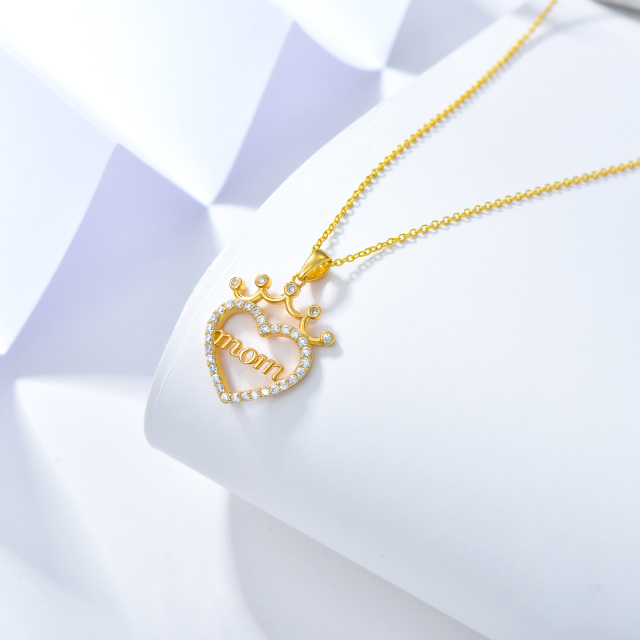 Sterling Silver with Yellow Gold Plated Circular Shaped Cubic Zirconia Crown & Heart Pendant Necklace with Engraved Word-3