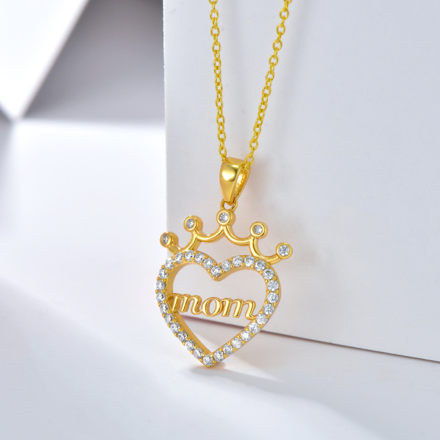 Sterling Silver with Yellow Gold Plated Circular Shaped Cubic Zirconia Crown & Heart Pendant Necklace with Engraved Word-2