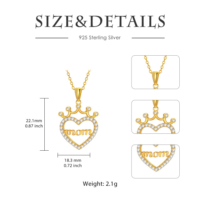 Sterling Silver with Yellow Gold Plated Circular Shaped Cubic Zirconia Crown & Heart Pendant Necklace with Engraved Word-4