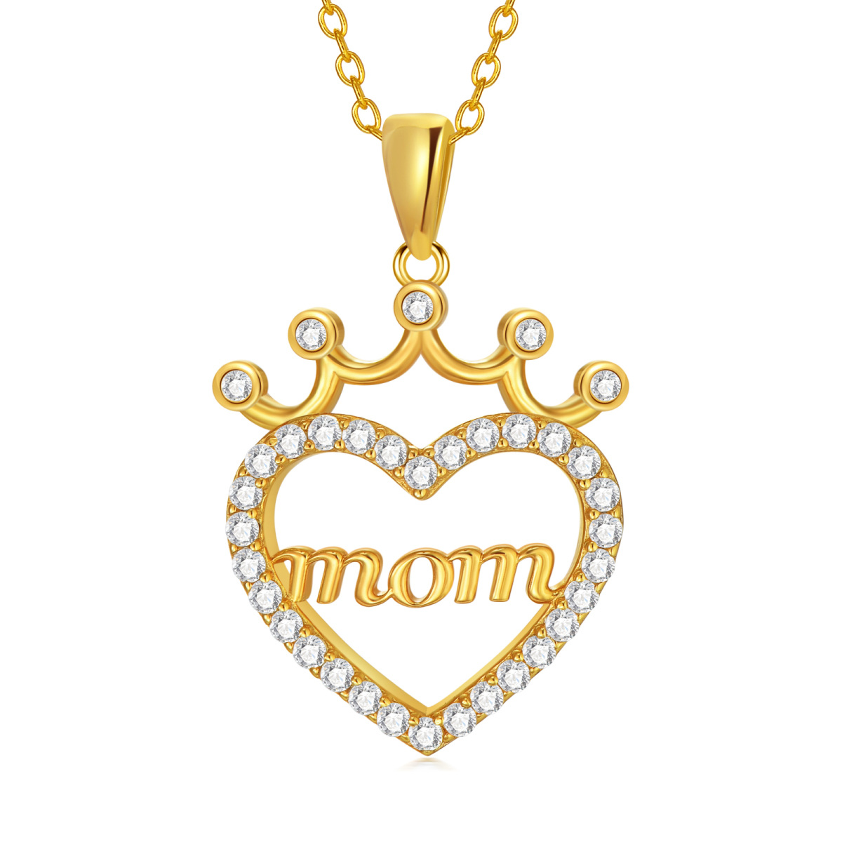 Sterling Silver with Yellow Gold Plated Circular Shaped Cubic Zirconia Crown & Heart Pendant Necklace with Engraved Word-1