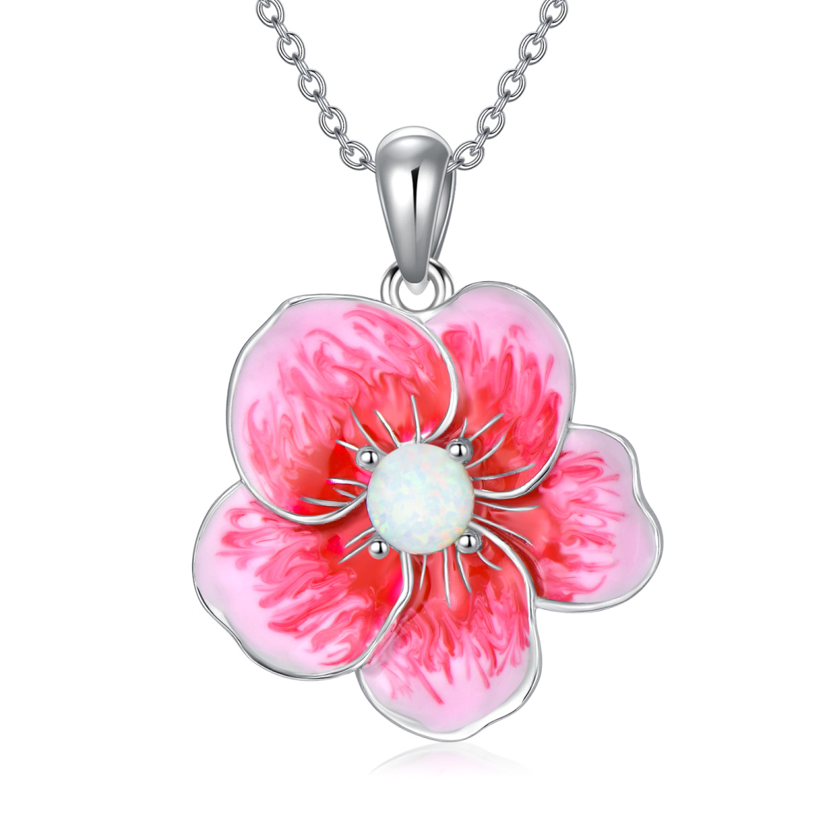 Sterling Silver Opal Cherry Blossom Pendant Necklace-1