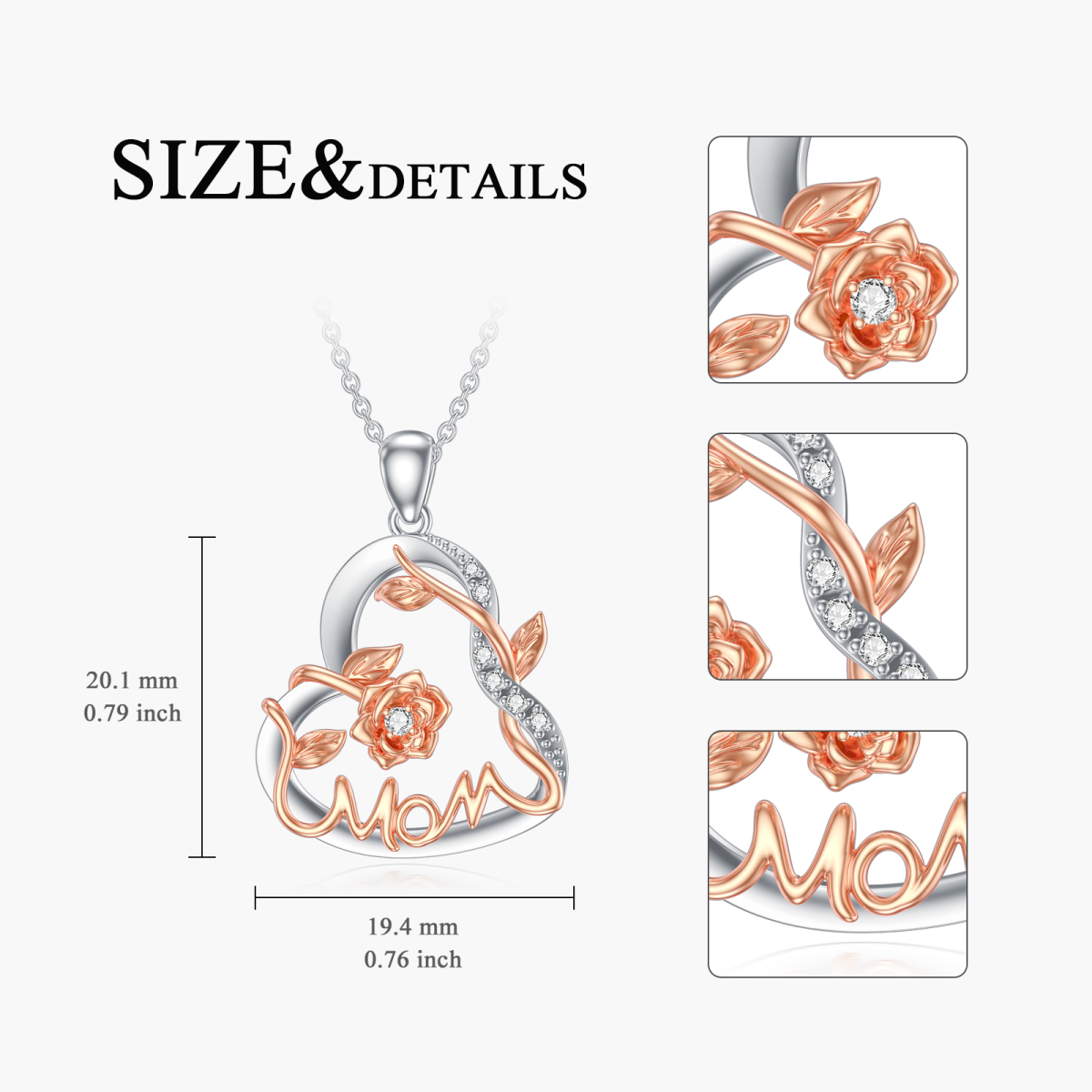 Sterling Silver Circular Shaped Laboratory Diamonds Rose & Heart Pendant Necklace with Engraved Word-5