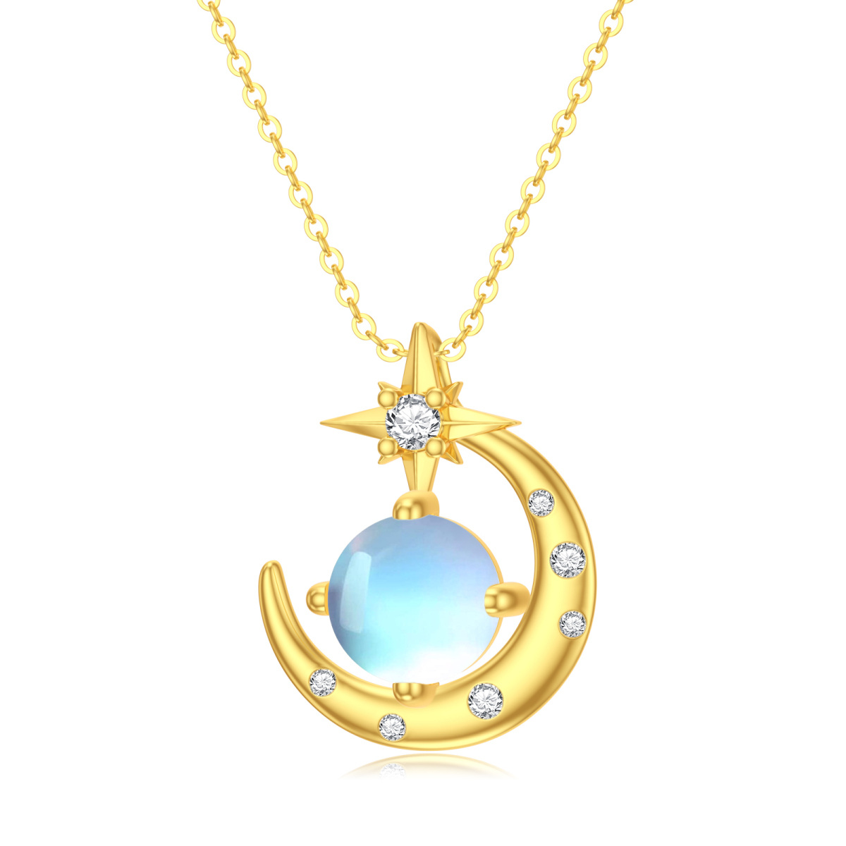 14K Gold Cubic Zirconia & Moonstone Moon & Star Pendant Necklace-1