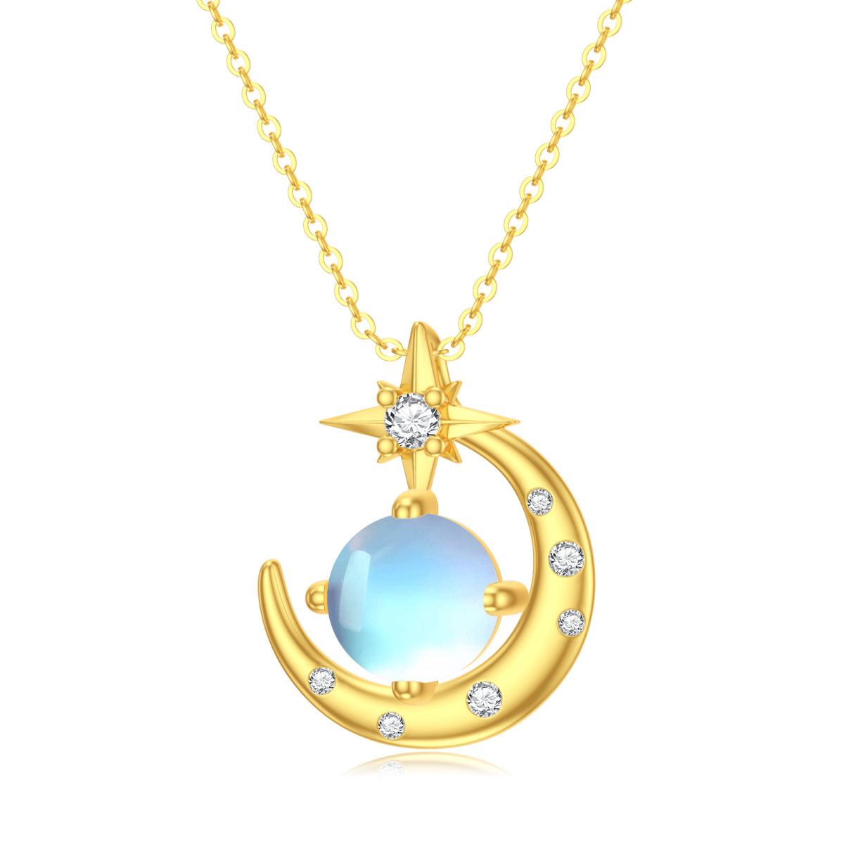 Collier pendentif lune et étoile en or 14K avec zircon cubique et pierre de lune-1