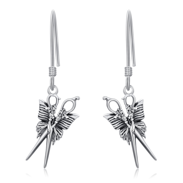 Boucles d'oreilles pendantes papillon et ciseaux en argent sterling-0