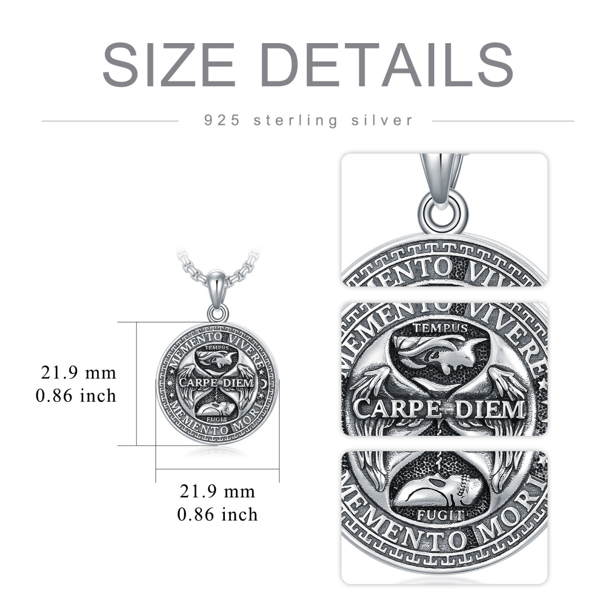 Memento Mori Pendant Carpe Diem Necklace Skull Jewelry Gift for Men in Sterling Silver-6