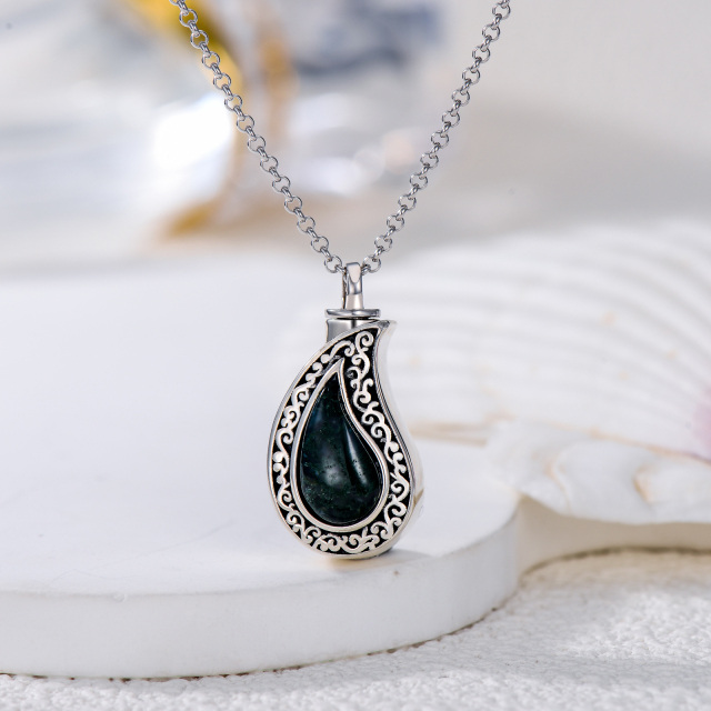 Sterling Silver Teardrop/Pear-shaped Moss Agate Filigree Urn Necklace for Ashes-2