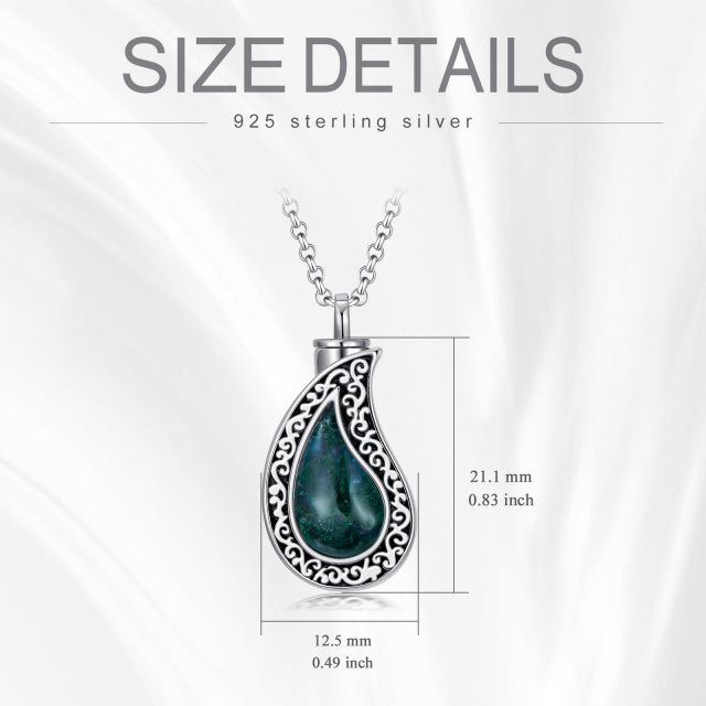 Sterling Silver Teardrop/Pear-shaped Moss Agate Filigree Urn Necklace for Ashes-4