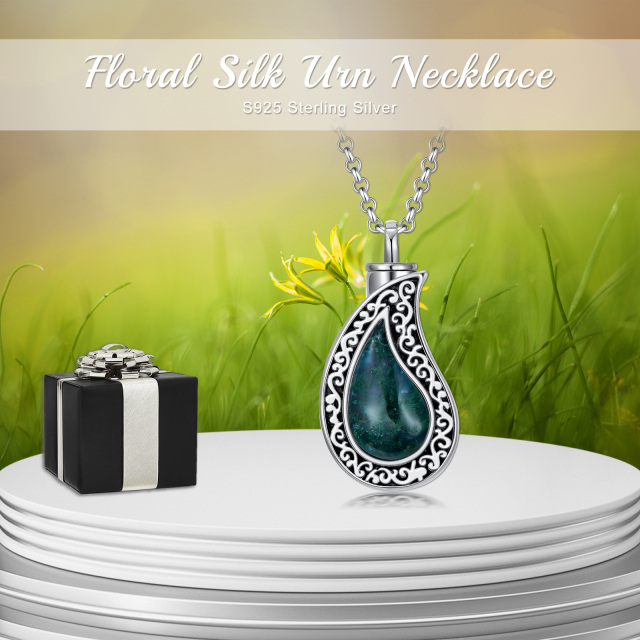 Sterling Silver Teardrop/Pear-shaped Moss Agate Filigree Urn Necklace for Ashes-5