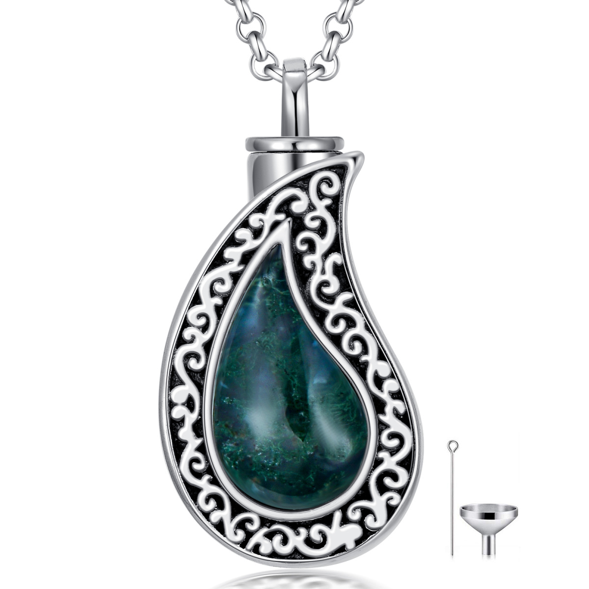 Sterling Silver Teardrop/Pear-shaped Moss Agate Filigree Urn Necklace for Ashes-1