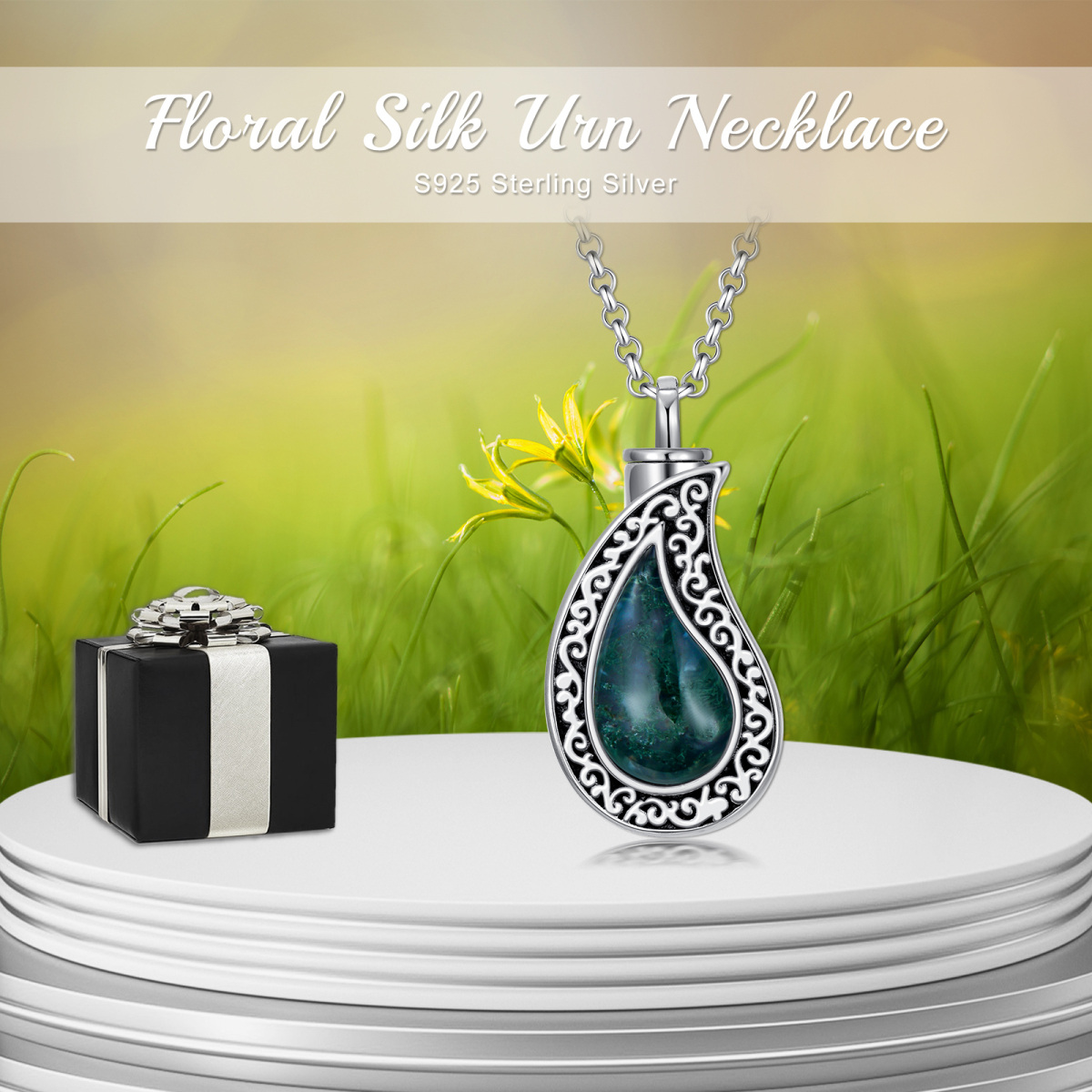 Sterling Silver Teardrop/Pear-shaped Moss Agate Filigree Urn Necklace for Ashes-6
