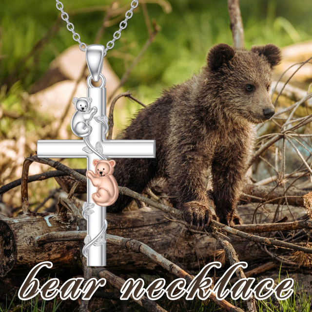 Sterling Silver Two-tone Bear & Leaves & Cross Pendant Necklace-5