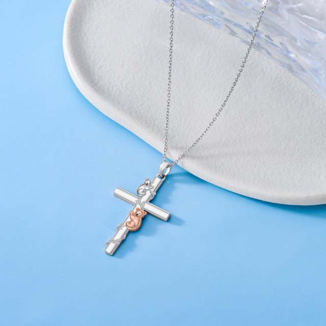 Sterling Silver Two-tone Bear & Leaves & Cross Pendant Necklace-3