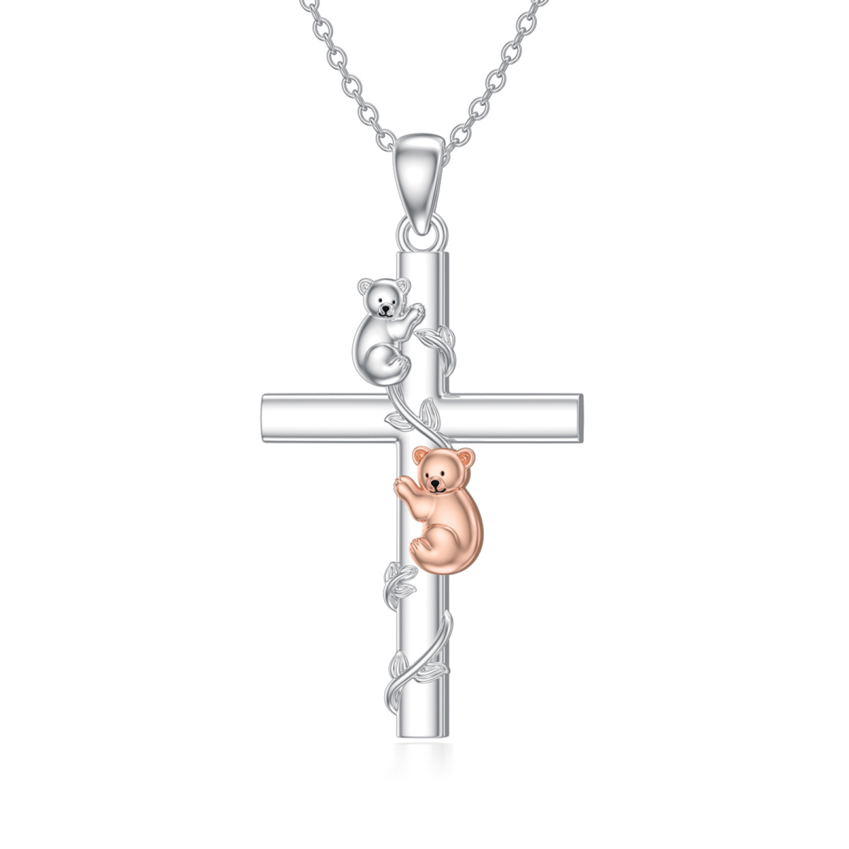 Sterling Silver Two-tone Bear & Leaves & Cross Pendant Necklace-1