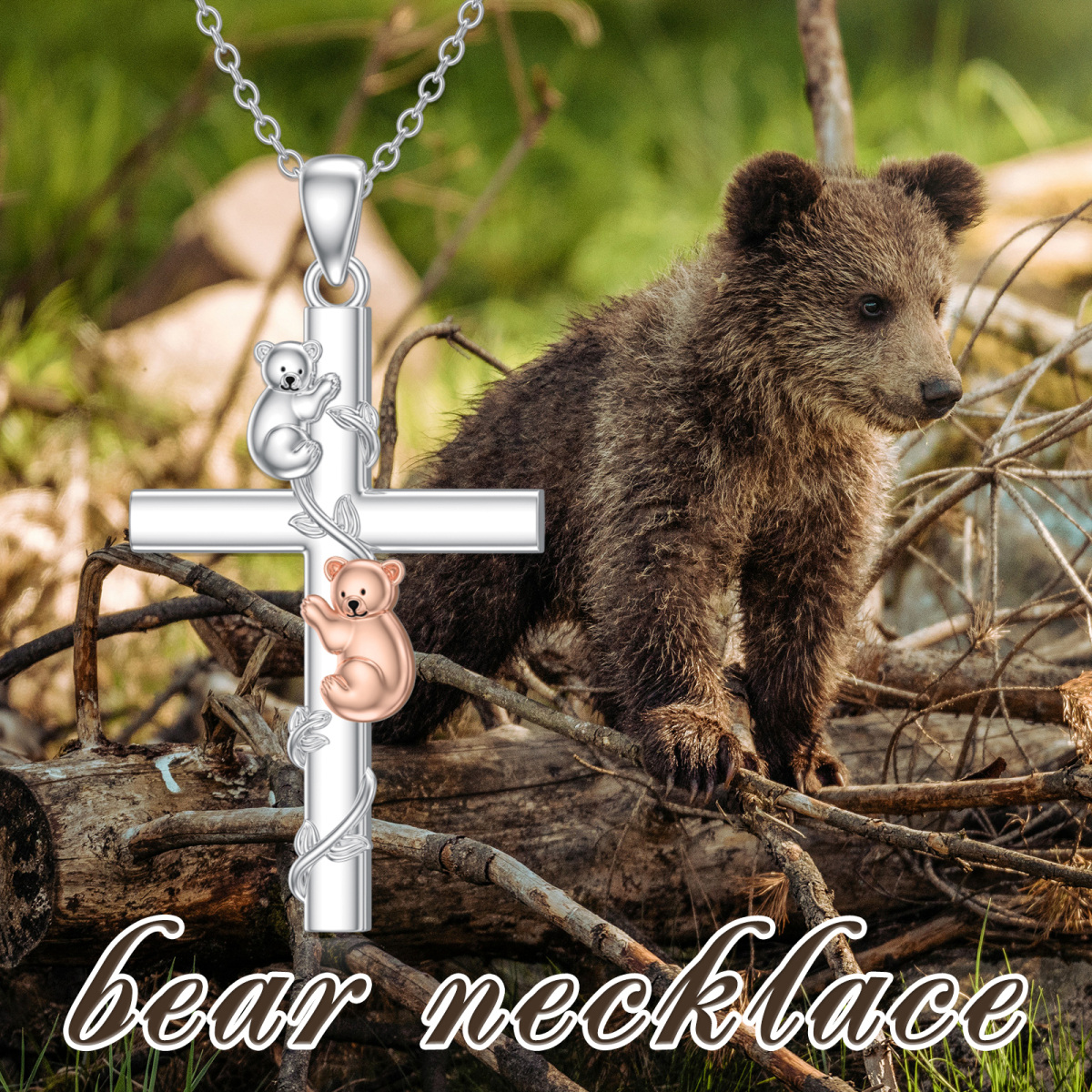 Sterling Silber zweifarbige Bär & Blätter & Kreuz Anhänger Halskette-6